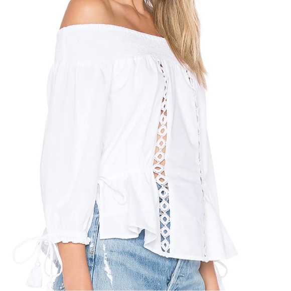 White Tularosa Sansa smocked elastic off the shoulder neckline and eyelet trim - Picture 4 of 13